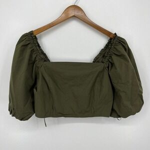 Jason Wu Blouse Women's Size L Olive Green‎ Cropped Puff Sleeve Solid